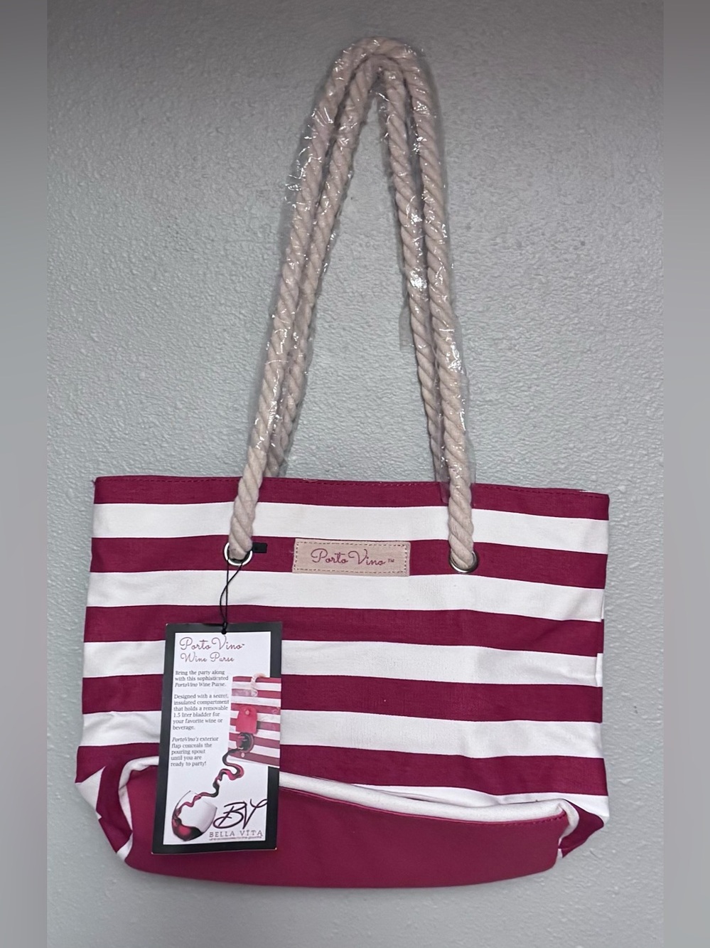 PortoVino Red and White Stripe Canvas Wine Dispensing Tote with Rope Handles
